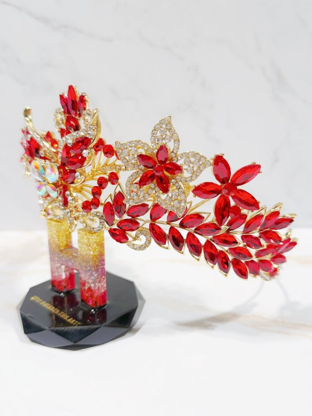 Red Crystal Butterfly Tiara Crown Gold Tone Pageant Prom Wedding Headpiece - Picture 3 of 8